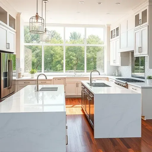 Renovated Frenchmans Creek kitchen with quartz countertops, stainless appliances, custom cabinets, hardwood floors, and natural light.