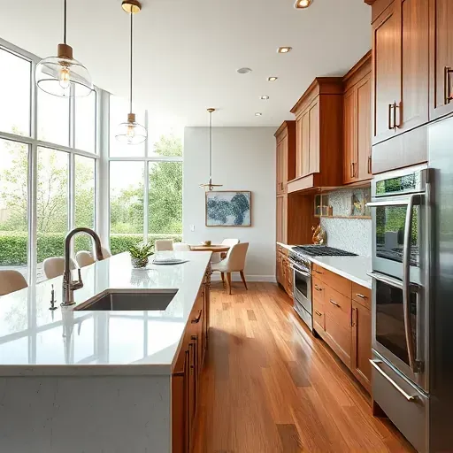Completed modern kitchen in Wellington, FL with quartz counters, stainless appliances, custom wood cabinets, natural light.
