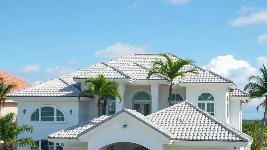 Roofing projects in Jupiter FL showcasing different styles and materials under clear blue skies