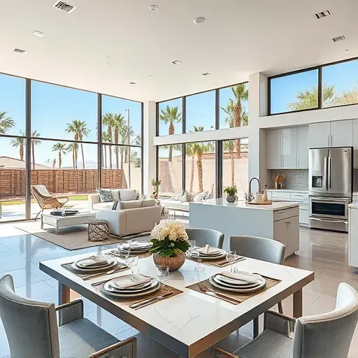 Sophisticated open-concept living area in a Palm Springs home, showcasing luxury furnishings and natural light through large windows.