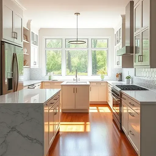 Modern renovated kitchen in Ibis, FL with marble countertops, stainless steel appliances, custom cabinetry, hardwood floors, and natural light.