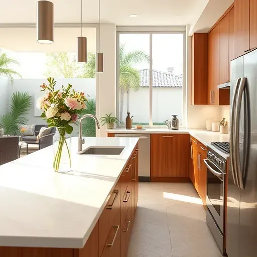 Renovated Lake Worth Beach kitchen with modern wood cabinets, stainless steel appliances, marble countertops, and natural sunlight.