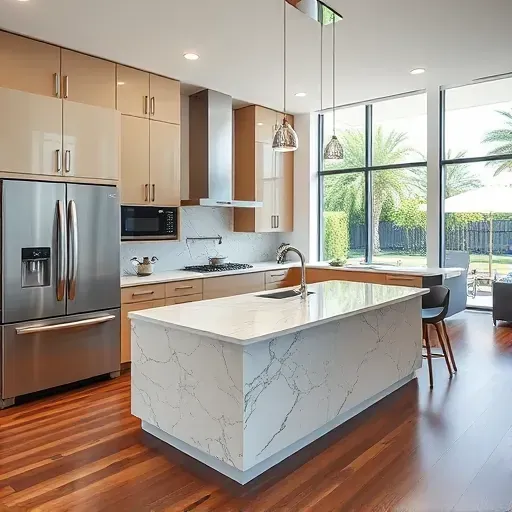 Renovated Palm Beach Gardens kitchen with modern high-gloss cabinets, marble countertops, stainless appliances, and natural light.