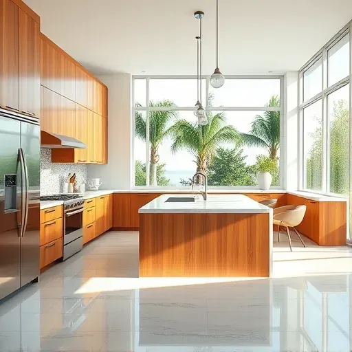 Modern kitchen in Hypoluxo Island, FL with warm wood cabinets, stainless steel appliances, quartz island, and lush greenery view.