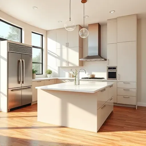Modern remodeled kitchen in Frenchmans Reserve, FL with sleek cabinetry, stainless steel appliances, marble island, and natural sunlight.