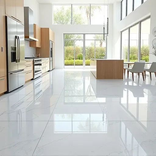 Spacious modern kitchen in Jupiter, FL featuring elegant marble tile flooring, sleek cabinetry, stainless appliances, and natural light.