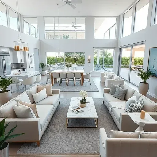 A modern living space in Ocean Ridge, FL, featuring open-concept design, sleek furniture, and a stunning kitchen.