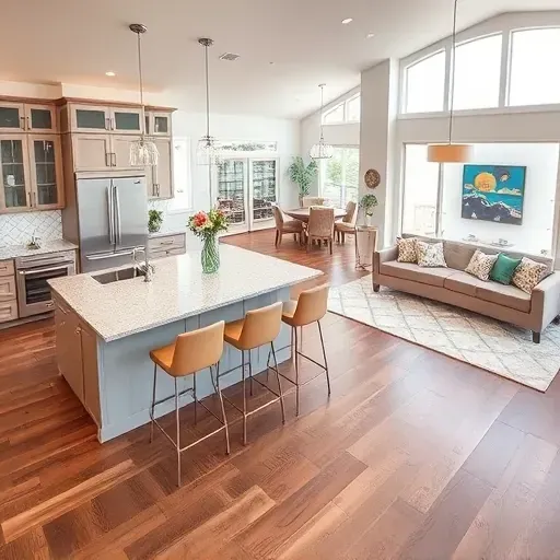 Modern kitchen in Lake Worth Beach FL, featuring sleek cabinetry, granite island, open living area, and coastal decor.