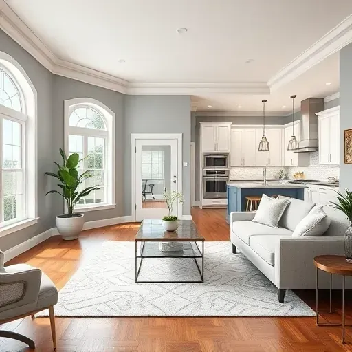Bright living room in Abacoa, FL, featuring gray walls, chic furniture, hardwood floors, and a modern kitchen.