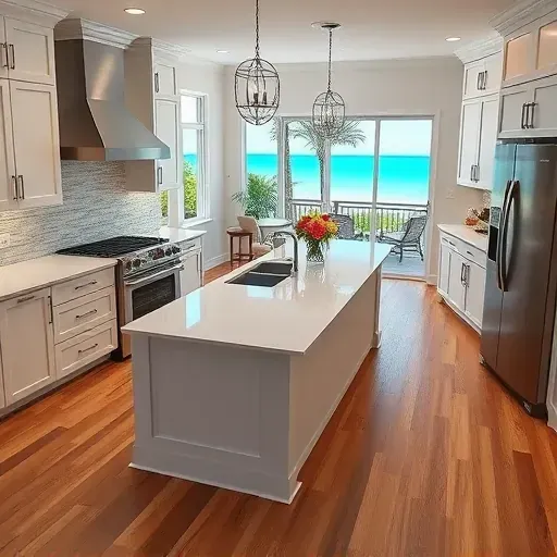 Remodeled Jupiter Inlet Colony kitchen with stainless appliances, quartz island, coastal decor, hardwood floors, and water views.