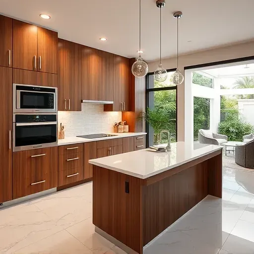 Recently remodeled Frenchmans Creek, FL kitchen featuring modern wood cabinets, quartz countertops, marble flooring, and sophisticated lighting.