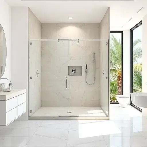 Modern walk-in shower in Jupiter, Florida with sleek tiles, glass panels, chrome fixtures, coastal accents, and lush greenery view.