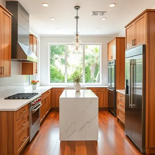 Newly remodeled Jupiter, FL kitchen with quartz countertops, stainless steel appliances, and warm wood cabinetry. Natural light flows in.