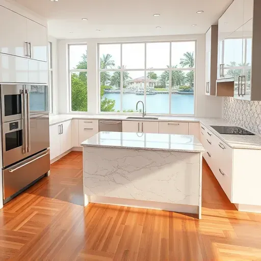Renovated kitchen in Admirals Cove, FL, featuring modern cabinetry, granite island, stainless appliances, and elegant tile backsplash.