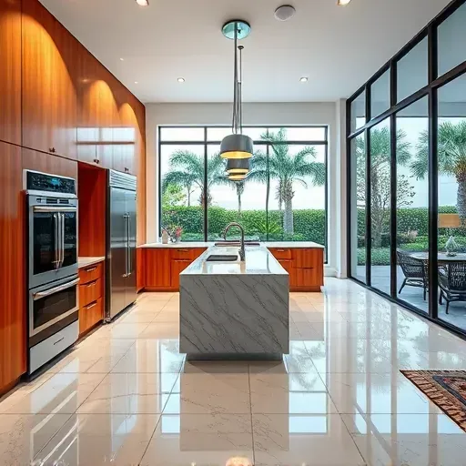 Freshly remodeled Old Palm kitchen with wood cabinetry, marble countertops, stainless steel appliances, and tropical views.
