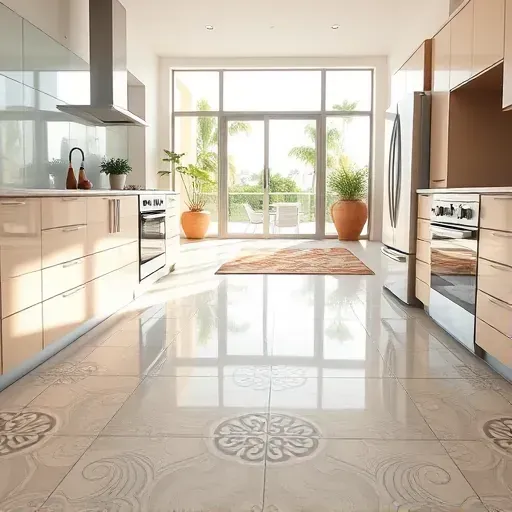 Beautiful polished kitchen flooring in Jupiter, FL with intricate tile detailing, natural sunlight, and modern design elements.