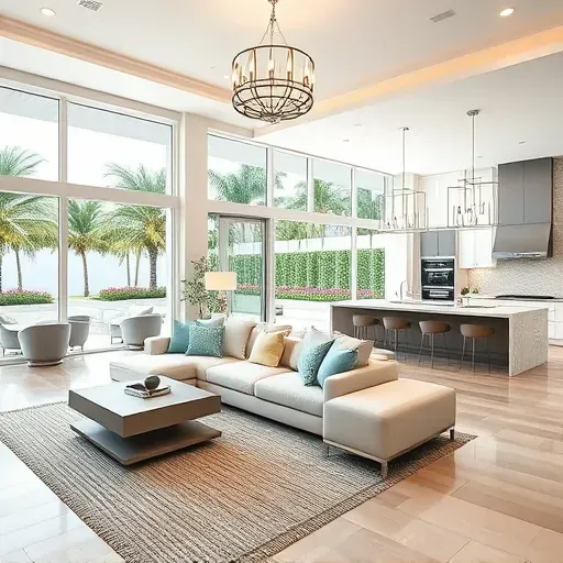Spacious living room in Jupiter Island, FL, blending coastal decor with modern furnishings and natural light from large windows.