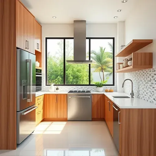 Remodeled Jupiter, FL kitchen with warm wood cabinetry, quartz countertops, stainless steel appliances, and lush greenery view.