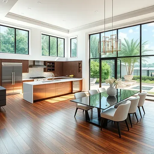 Open-concept living area in Palm Beach County with sleek hardwood floors, modern kitchen, and lush landscaping views.