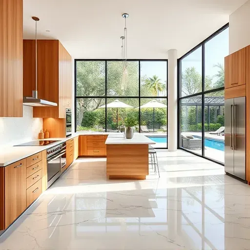 Modern Palm Beach Gardens kitchen with natural wood cabinets, quartz countertops, stainless appliances, and poolside views.