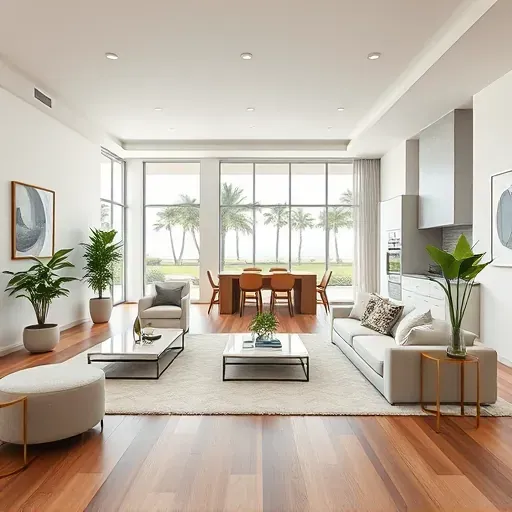 Modern open-concept living space in Mirasol, FL, showcasing elegant decor, polished floors, and a stylish kitchen.