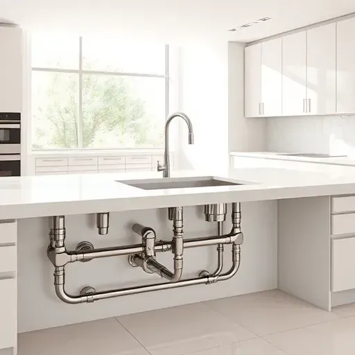 Modern Jupiter, FL kitchen with polished chrome plumbing, sleek quartz countertops, natural sunlight, and clean, organized space.