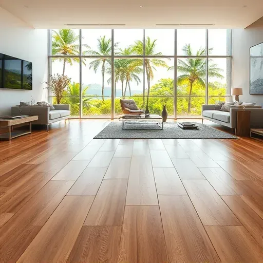 Polished hardwood flooring in a modern Jupiter, FL interior with natural wood grain, sunlight, lush greenery, and sleek decor.