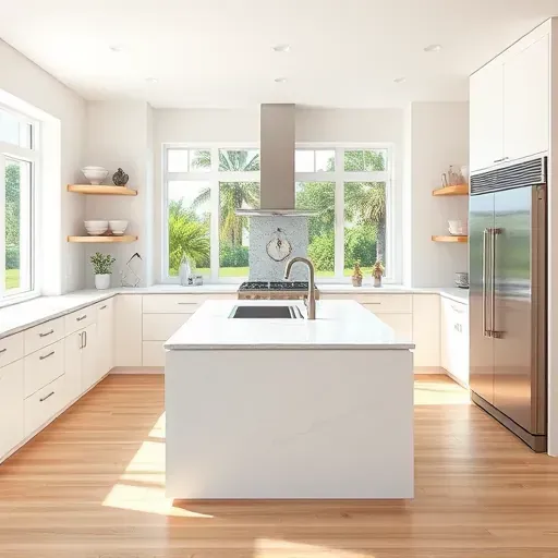 Remodeled Jupiter Island kitchen with white matte cabinets, quartz countertops, stainless steel appliances, and tropical views.