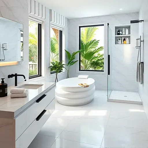 Luxurious Jupiter, FL master bathroom featuring marble countertops, matte black fixtures, walk-in glass shower, soaking tub, and natural light.
