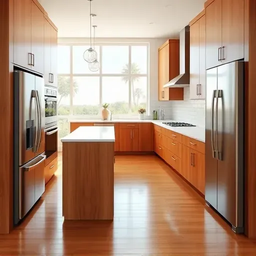 Modern remodeled Mirasol, FL kitchen with warm wood cabinetry, quartz countertops, stainless steel appliances, and lush outdoor views.