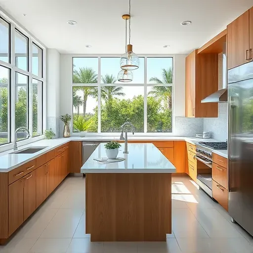 Remodeled Gulf Stream, FL kitchen with quartz countertops, stainless appliances, and natural wood cabinetry.