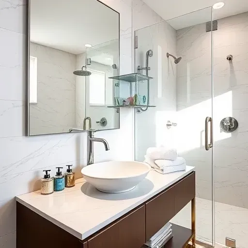 Flawless bathroom vanity with marble countertops, large mirror, ceramic sink, brushed nickel faucet, glass shower in Jupiter, FL.