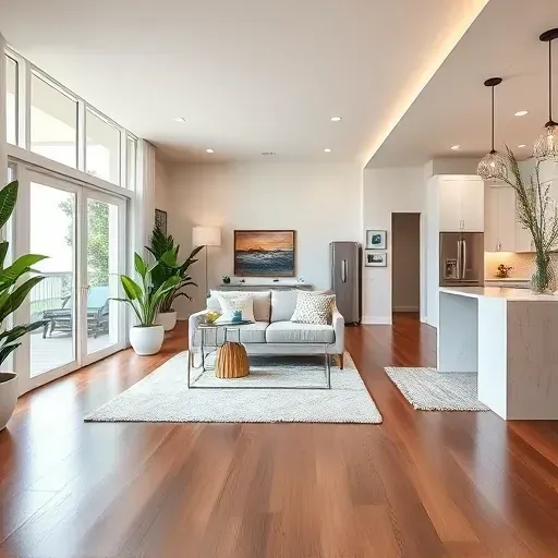 Spacious Jupiter, FL living room post-remodel, featuring contemporary decor, large windows, and a modern kitchen.