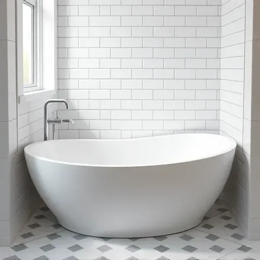 Modern bathtub with white subway tiles, sleek fixtures, natural light, and clean, polished design in a stylish bathroom.