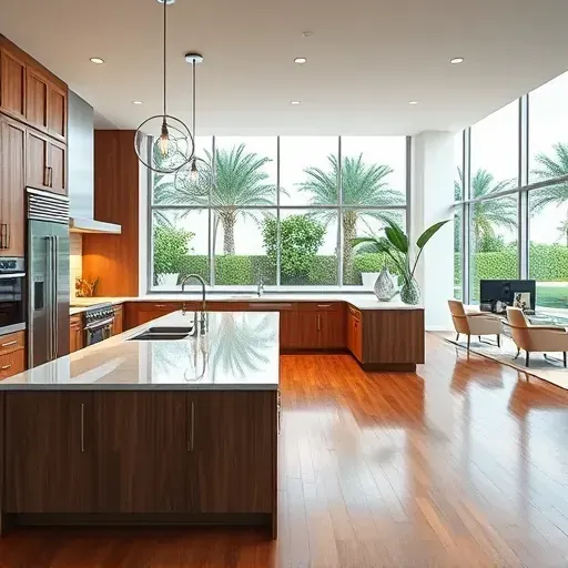 Renovated Gulf Stream FL kitchen with quartz countertops, custom wood cabinets, stainless steel appliances, and tropical garden view.