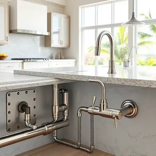 Detailed image of a modern Jupiter, FL kitchen with polished stainless steel plumbing beneath a granite counter.