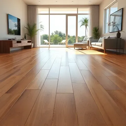 Freshly installed hardwood flooring in a modern Jupiter, FL interior with warm tones, natural light, and lush outdoor views.