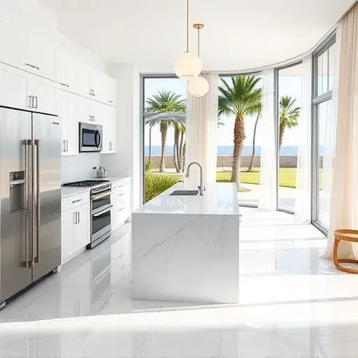 Bright, modern South Palm Beach kitchen with marble countertops, stainless steel appliances, and ocean-view windows.
