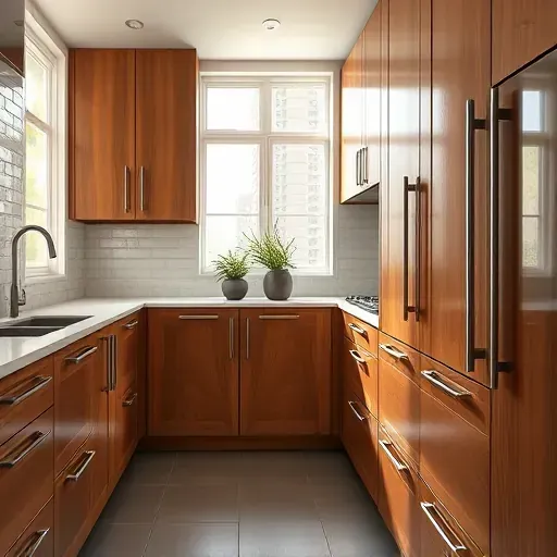 Detailed view of custom wooden kitchen cabinets with elegant grain, seamless joints, and polished surfaces in a modern, bright kitchen.