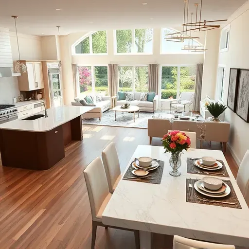 Modern living room in Lake Worth, FL, featuring hardwood floors, sleek furnishings, and a stylish kitchen with marble countertops.
