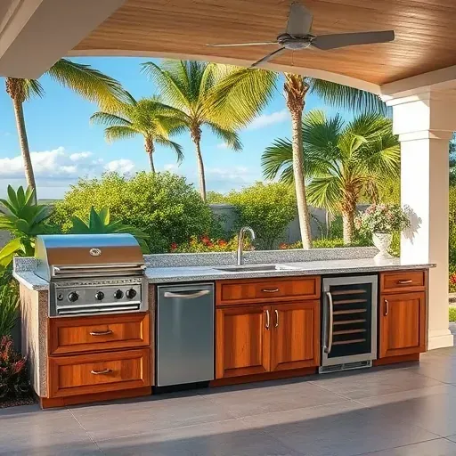 Luxurious outdoor kitchen in Jupiter, FL with stainless steel appliances, granite counters, tropical landscaping, and vibrant flowers.