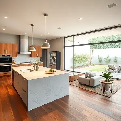 Whole-home remodeling in Boca Raton features a modern living room, luxe kitchen, and serene outdoor patio, highlighting luxury design.