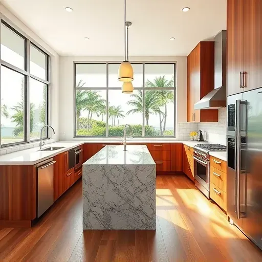 Remodeled West Palm Beach kitchen with granite countertops, stainless appliances, wooden cabinetry, island, and scenic tropical views.