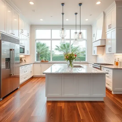 Refined kitchen in Mirasol, FL featuring white cabinetry, stainless appliances, marble island, and tropical backyard views.