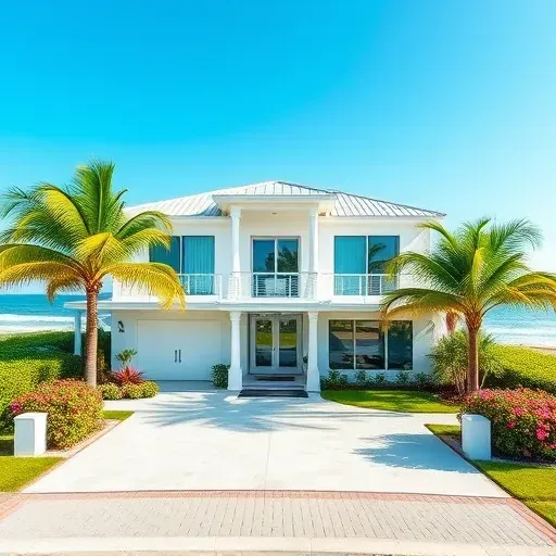 Modern coastal home in Gulf Stream, FL, with light colors, palm trees, pavers, and waves, showcasing stunning remodeling.