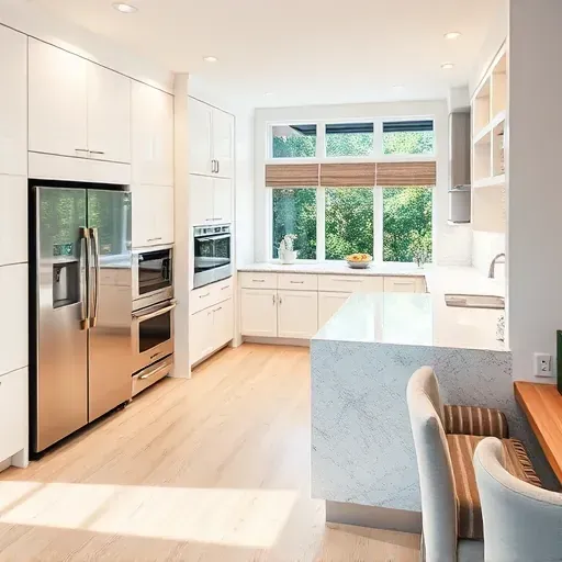 Modern Tequesta FL kitchen with sleek white cabinets, granite island, high-end appliances, and natural light.