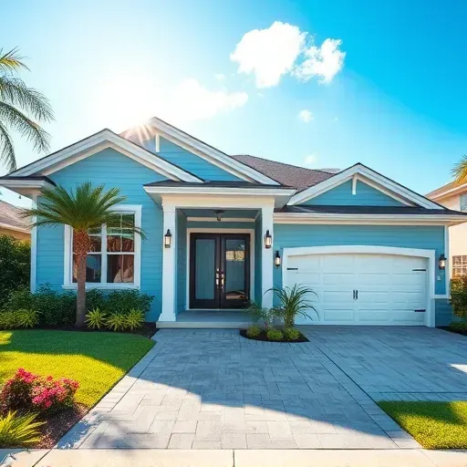 A charming Whole-Home Remodeling in Lake Worth Beach, FL, featuring light blue siding, elegant entryway, and lush landscaping.