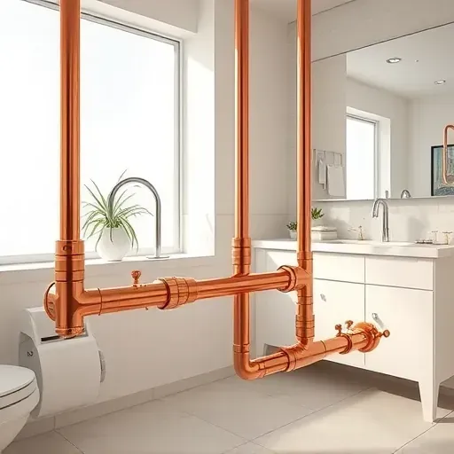 Completed bathroom plumbing with copper pipes, modern fixtures, sleek tile flooring, and coastal decor in Jupiter, FL.