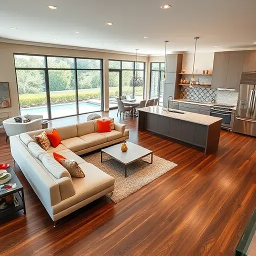 A stunning modern open-concept living space in The Bears Club, FL, featuring sleek furnishings and a custom kitchen.