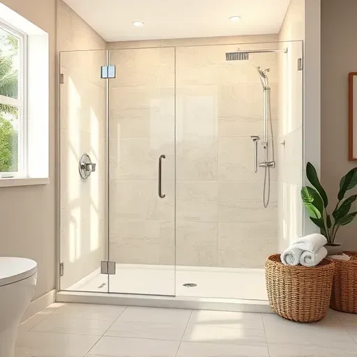 Completed modern shower with glass doors, chrome fixtures, neutral tiles, coastal decor, in a sleek, Florida bathroom.